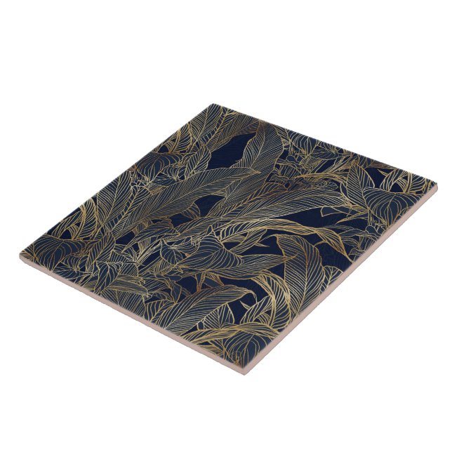 Modern Blue Gold Foliage Plant Botanical Design Ceramic Tile (Side)