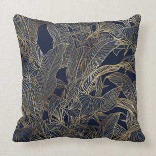 Modern Blue Gold Foliage Plant Botanical Design Cushion