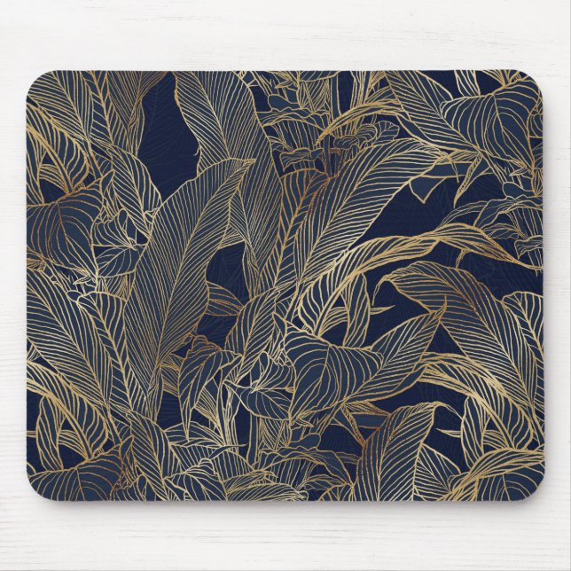Modern Blue Gold Foliage Plant Botanical Design Mouse Pad (Front)