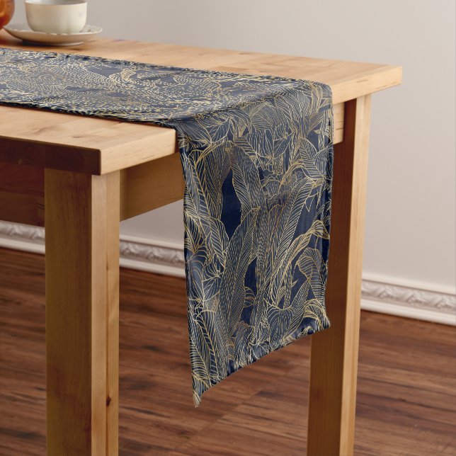 Modern Blue Gold Foliage Plant Botanical Design Short Table Runner (In Situ)
