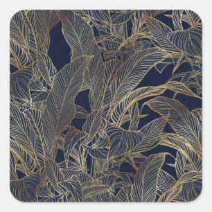Modern Blue Gold Foliage Plant Botanical Design Square Sticker