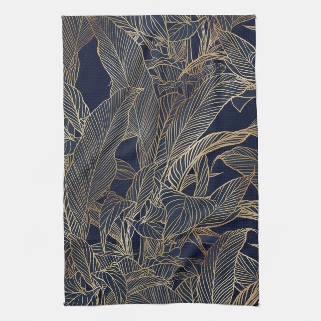Modern Blue Gold Foliage Plant Botanical Design Tea Towel (Vertical)