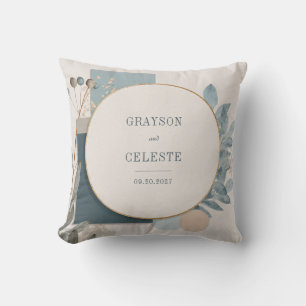 Modern Blue Gold Geometric Botanical Wedding Cushion