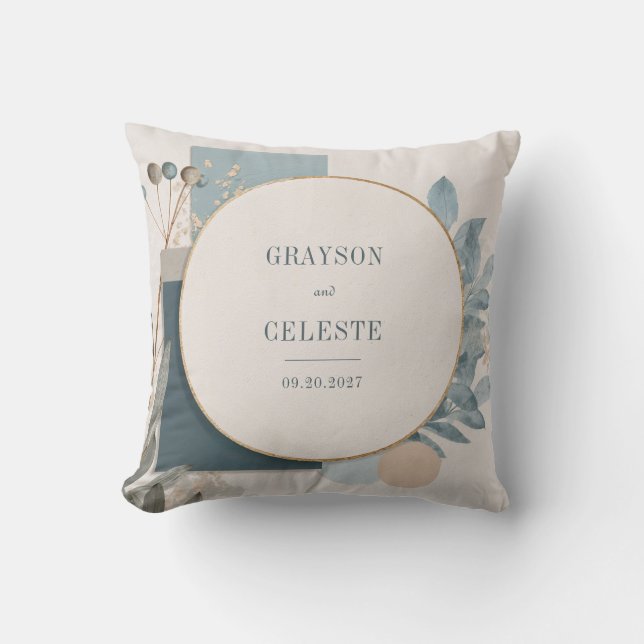 Modern Blue Gold Geometric Botanical Wedding Cushion (Front)