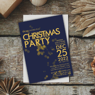 Modern Blue Gold glitter confetti Christmas Party  Invitation