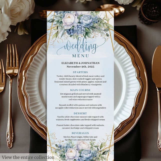 Modern Blue Gold Glitter Frame Greenery Wedding  Menu (Modern Blue Gold Glitter Frame Greenery Wedding Menu)