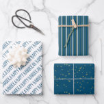 Modern Blue & Gold Happy Hanukkah Stars Wrapping Paper Sheet<br><div class="desc">Stylish and festive, this gift wrap set is the perfect way to wrap all your presents for friends and family this holiday season. The set features 3 different designs: 1. blue calligraphy "Happy Hanukkah, " 2. gold hand-drawn stars on a blue background, and 3. gold white and white stripes on...</div>