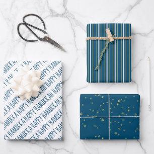 Modern Blue & Gold Happy Hanukkah Stars Wrapping Paper Sheet