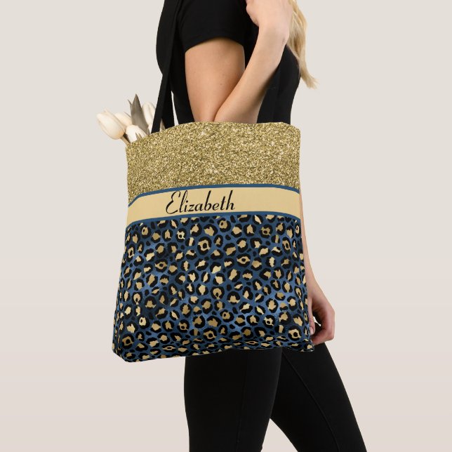 Modern Blue Gold Leopard Glitter Personalised Tote Bag (Close Up)