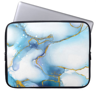 Modern Blue-Gold Marble Background Laptop Sleeve