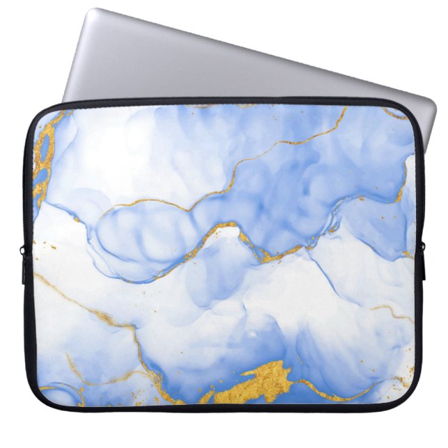 Modern Blue-Gold Marble Background Laptop Sleeve (Front)