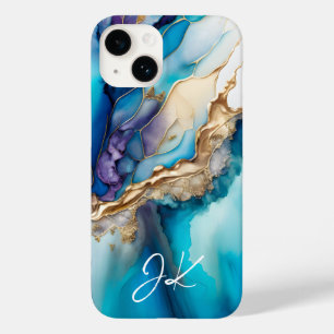 Modern Blue Gold Marble Monogram Personalised Case-Mate iPhone 14 Case