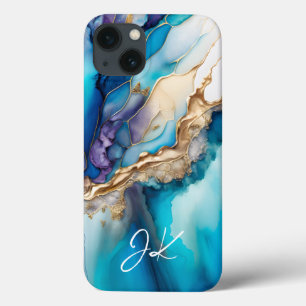 Modern Blue Gold Marble Monogram Personalised iPhone 13 Case