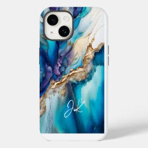 Modern Blue Gold Marble Monogram Personalised iPhone 14 Case