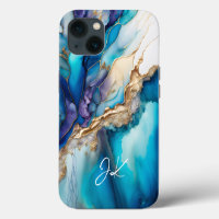 Modern Blue Gold Marble Monogram Personalised