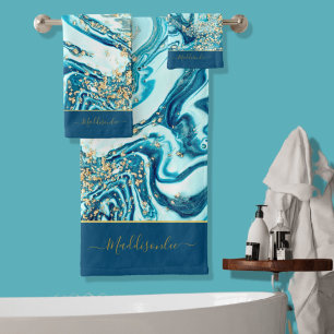 Modern Blue Gold  Marble Ocean Monogram Name Bath  Towel Set