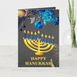 Modern Blue  & Gold Menorah Happy  Hanukkah   Holiday Card