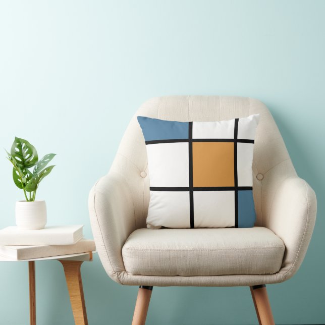 Modern Blue Gold Mondrian Style Throw Pillow (Chair)