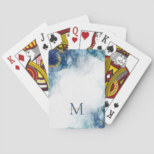 Modern Blue Gold Monogram Script Name Initial Playing Cards