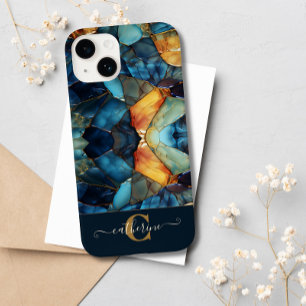 Modern Blue Gold Mosaic Stained Glass Monogrammed Case-Mate iPhone 14 Case