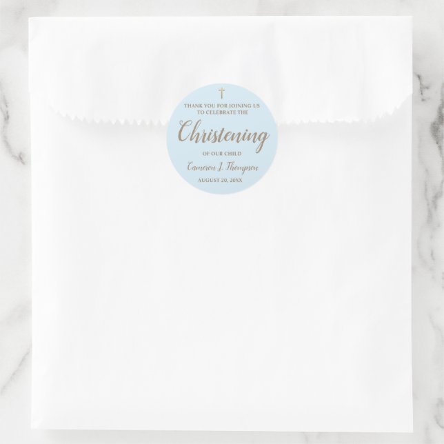 Modern Blue Gold Name Baby boy Christening Classic Round Sticker (Bag)