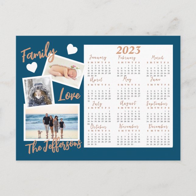 Modern Blue & Gold New Year Calendar Photo  Postcard (Front)