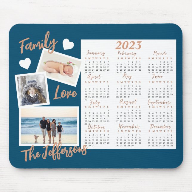 Modern Blue & Gold New Year Calendar Photos Mouse Pad (Front)