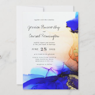 Modern Blue Gold Orange Alcohol Ink Wedding Invitation
