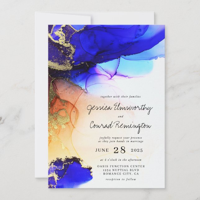 Modern Blue Gold Orange Wedding Invitation (Front)