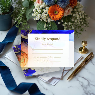 Modern Blue Gold Orange Wedding RSVP Card