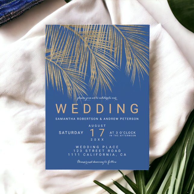 Modern blue gold palm tree elegant wedding invitation (Modern blue gold palm tree elegant wedding invitation)