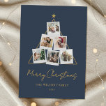 Modern Blue Gold Photo Collage Christmas Holiday Card<br><div class="desc">Modern photo Christmas cards featuring 6 of your pictures in a minimalist tree shape collage on blue color background.</div>