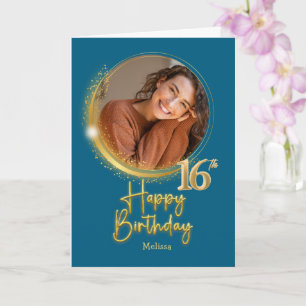 Modern Blue & Gold Photo Name 16th Birthday Card