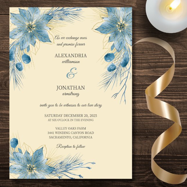 Modern Blue & Gold Poinsettias on Gold Wedding  Invitation (Creator Uploaded)