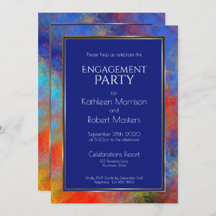 Modern Blue Gold Red Watercolor Engagement Party Invitation
