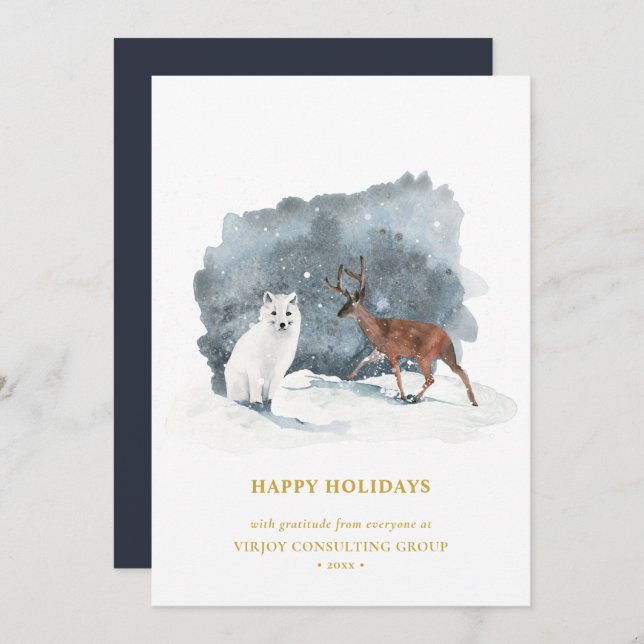 Modern Blue Gold Script Arctic Winter Business Holiday Card (Front/Back)