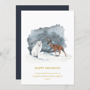 Modern Blue Gold Script Arctic Winter Business Holiday Card