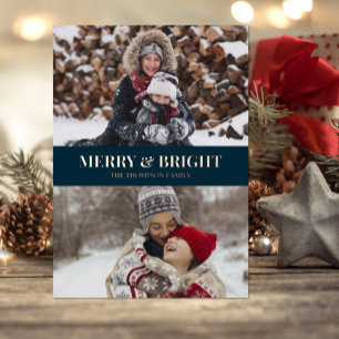 Modern Blue Gold Script Merry Bright Photo Foil Holiday Card