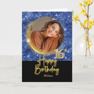 Modern Blue & Gold Script Photo Name 16th Birthday Card