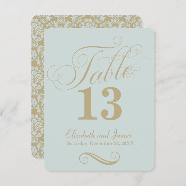 Modern Blue Gold Script Wedding Table Number (Front/Back)