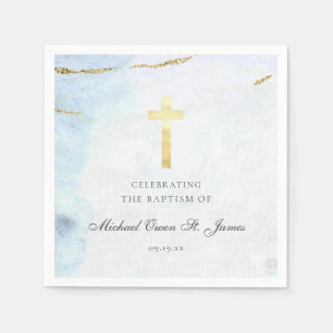Modern Blue Gold Signature Baptism Christening Napkin