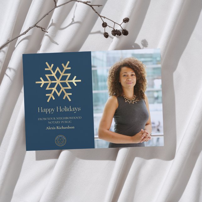 Modern Blue Gold snowflake Notary Happy Holidays Holiday Card (Creator Uploaded)