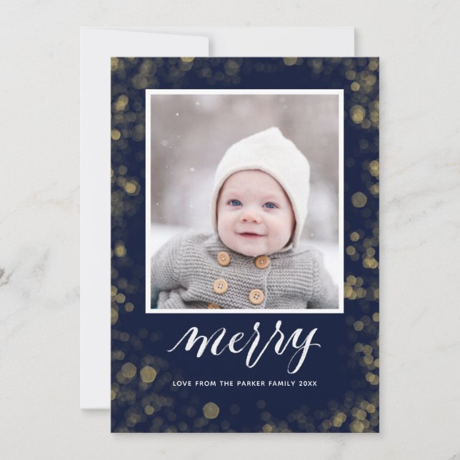 Modern Blue Gold Snowflakes Bokeh Minimalist Photo Holiday Card (Front)