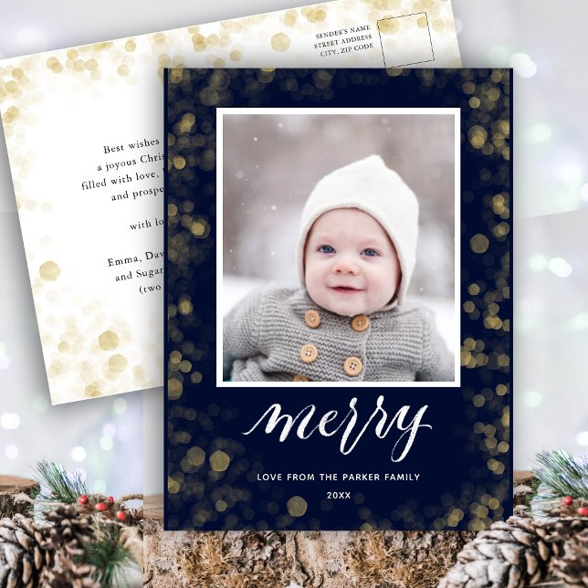 Modern Blue Gold Snowflakes Bokeh Minimalist Photo Holiday Postcard (Creator Uploaded)