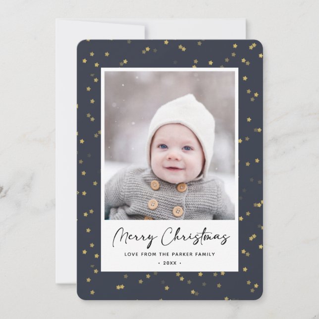 Modern Blue Gold Star Bokeh Overlay Minimalist  Holiday Card (Front)