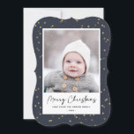 Modern Blue Gold Star Bokeh Overlay Minimalist  Holiday Card<br><div class="desc">Send customisable and personalised holiday greetings to friends, colleagues and family in simple, minimalist, elegant, fun, festive and modern photo cards! A beautiful frame of variety of gold winter stars on navy blue sky background surrounds your photo on bracket shape paper. The greeting " Merry Christmas " is written in...</div>