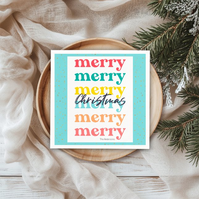Modern Blue Gold Stars Colourful Merry Christmas Napkin (Creator Uploaded)