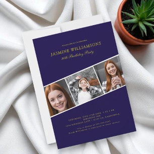 Modern blue gold three photo collage birthday  invitation