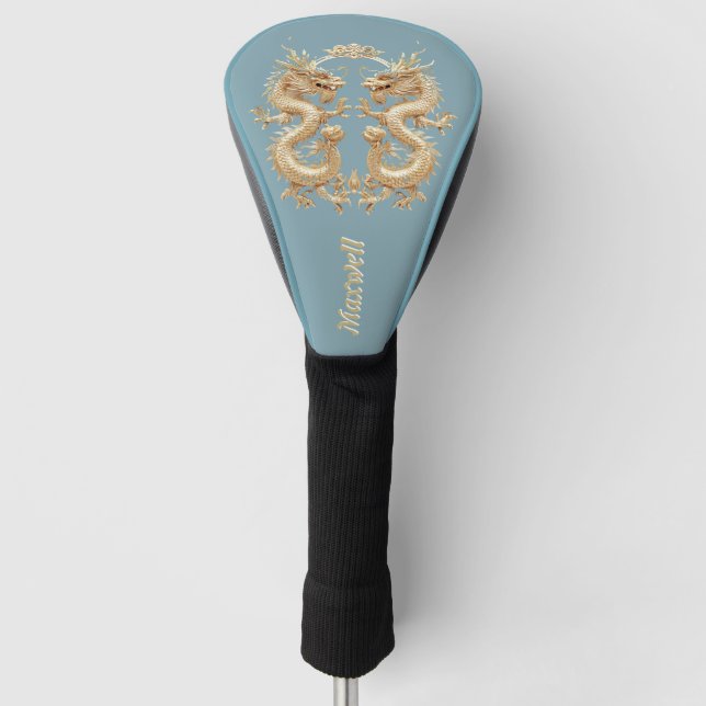 Modern Blue Gold Two-Headed Dragon Golf Head Cover (Front)
