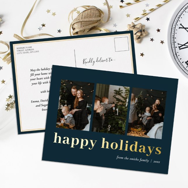 Modern Blue Gold Typography Happy Holidays Photo Foil Holiday Postcard (Creator Uploaded)